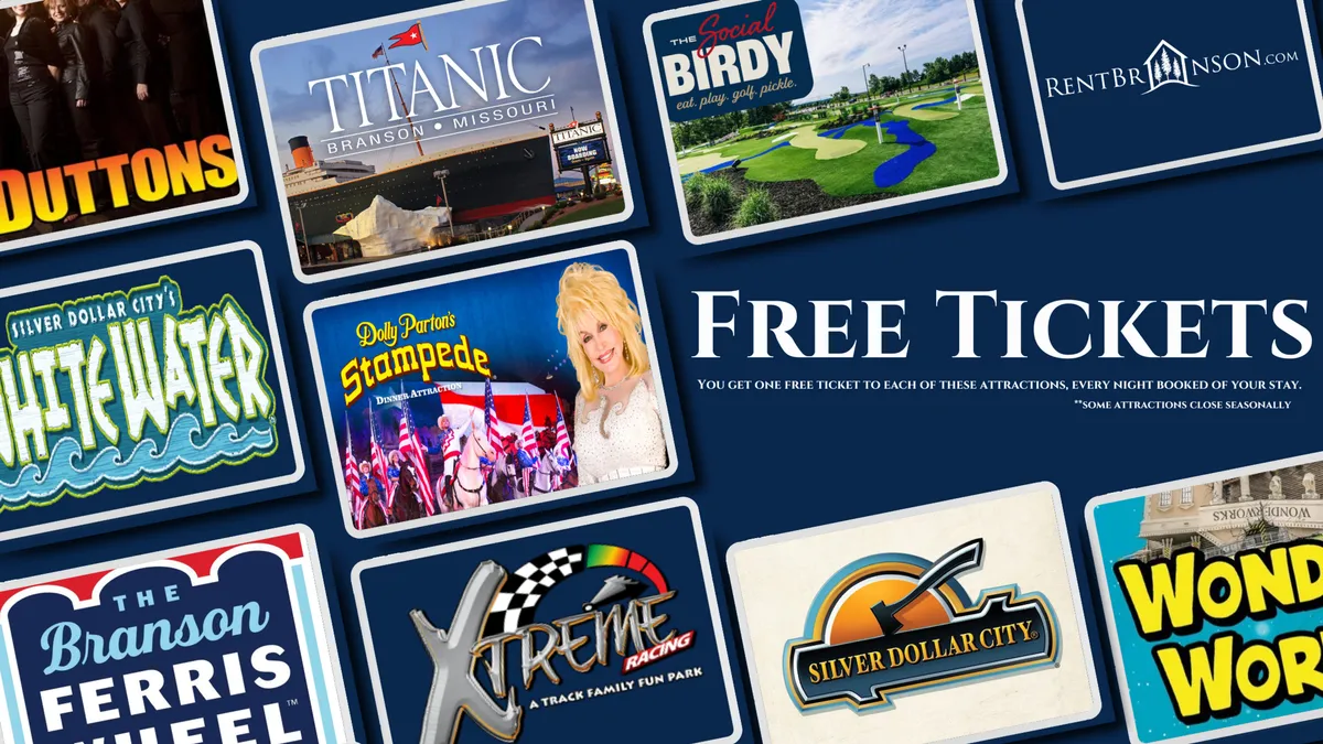 A dynamic interior image featuring colorful attraction logos and a sign offering 'Free Tickets.' The imagery evokes excitement and represents the many family-friendly entertainment options nearby, including Silver Dollar City and the Hwy 76 Entertainment District.